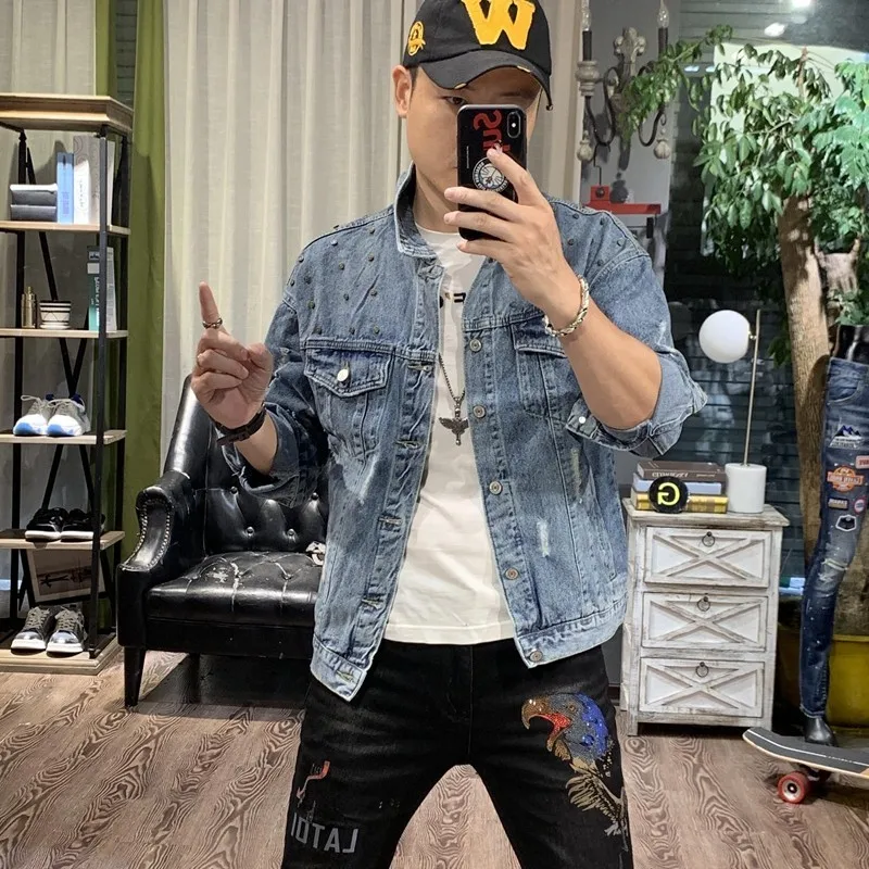 Весенне-осенние однобортные мужские джинсовые куртки с длинным рукавом