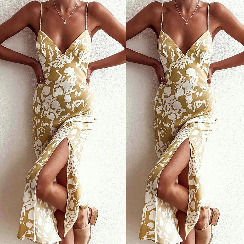 

Женское длинное платье на бретельках, с воротником-лодочкой, без рукавов, с цветочным принтом, с высоким разрезом, с большим подолом, лето