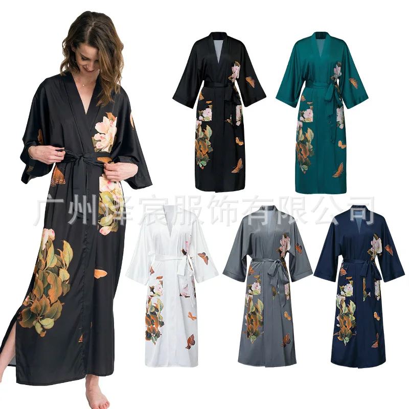 

Donsignet Fashion Women Pajamas Sexy Bathrobe Printing Kimono Cardigan Nine Points Sleeve Home Woman Robes Vestidos