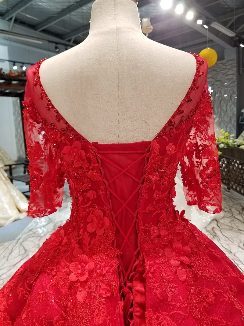 

BGW 2207ht Red Vintage Evening Dress 2020 Half Sleeves O Neck Floor Length Ball Gown Brides Wedding Party Dresses Quick Shipping