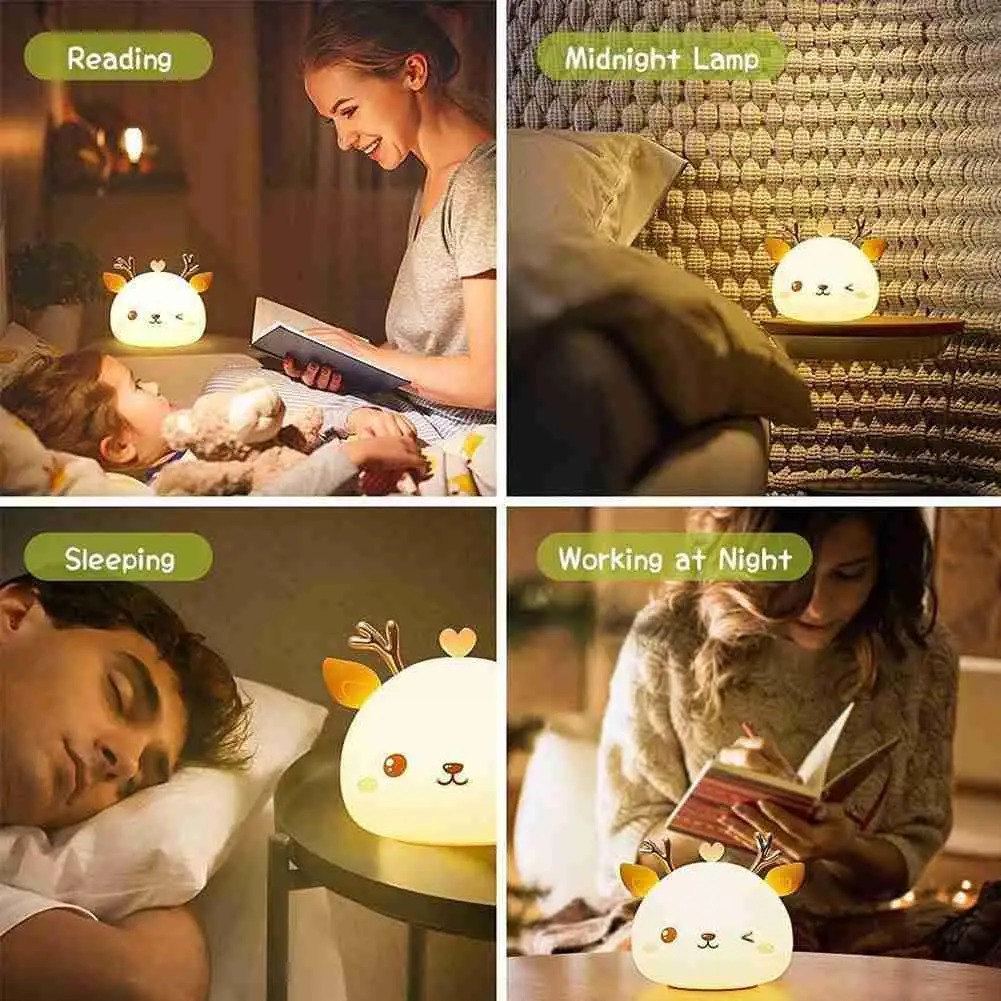 

Cute Deer Night Light LED Light With Silicone Sensor Children Gift Nursery For Kid Lamp Light Soft Decoration Bedside Room C3F1
