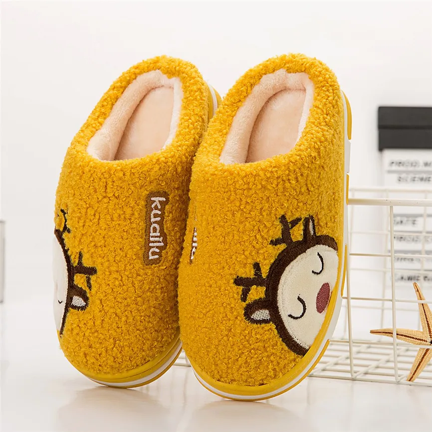 Yellow Тапочки; нескользящие зимние тапочки с милым рисунком оленя; теплая Домашняя повседневная обувь для мальчиков и девочек; 30 - Цвет: Yellow