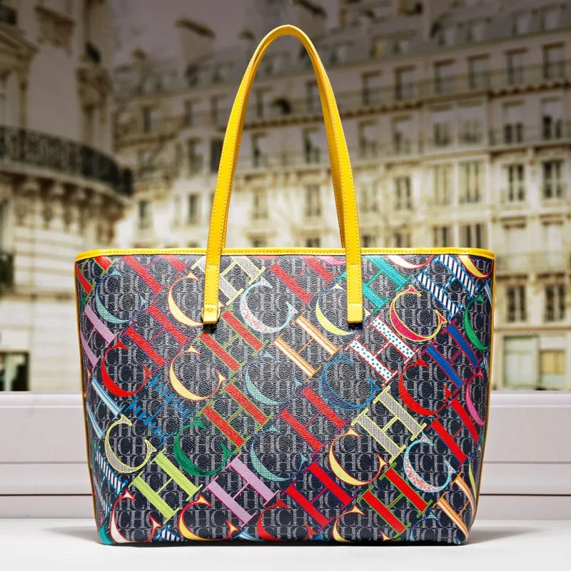 

100% Genuine Leather Women Large Totes Colorful CH Letter Printed Shoulder Bags Luxury Brand Designer Purses and Handbags Gg