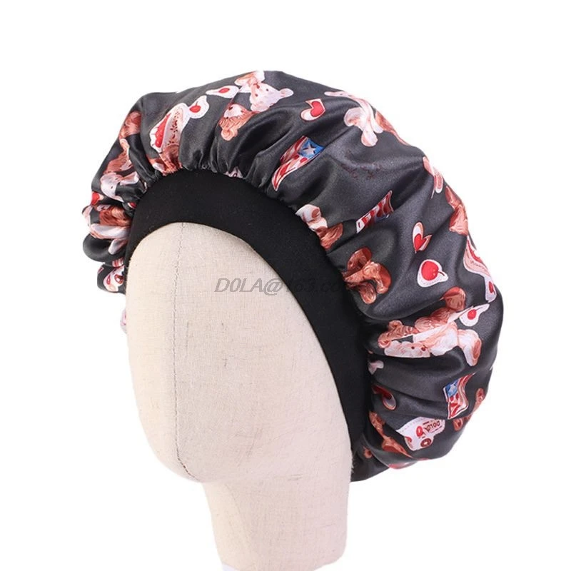Cute Pattern Bonnet Night Sleep Cap for Children Kids Satin Wide-brimmed Elastic Turban Chemo Hat Girl boy Hair Care Accessories | Детская