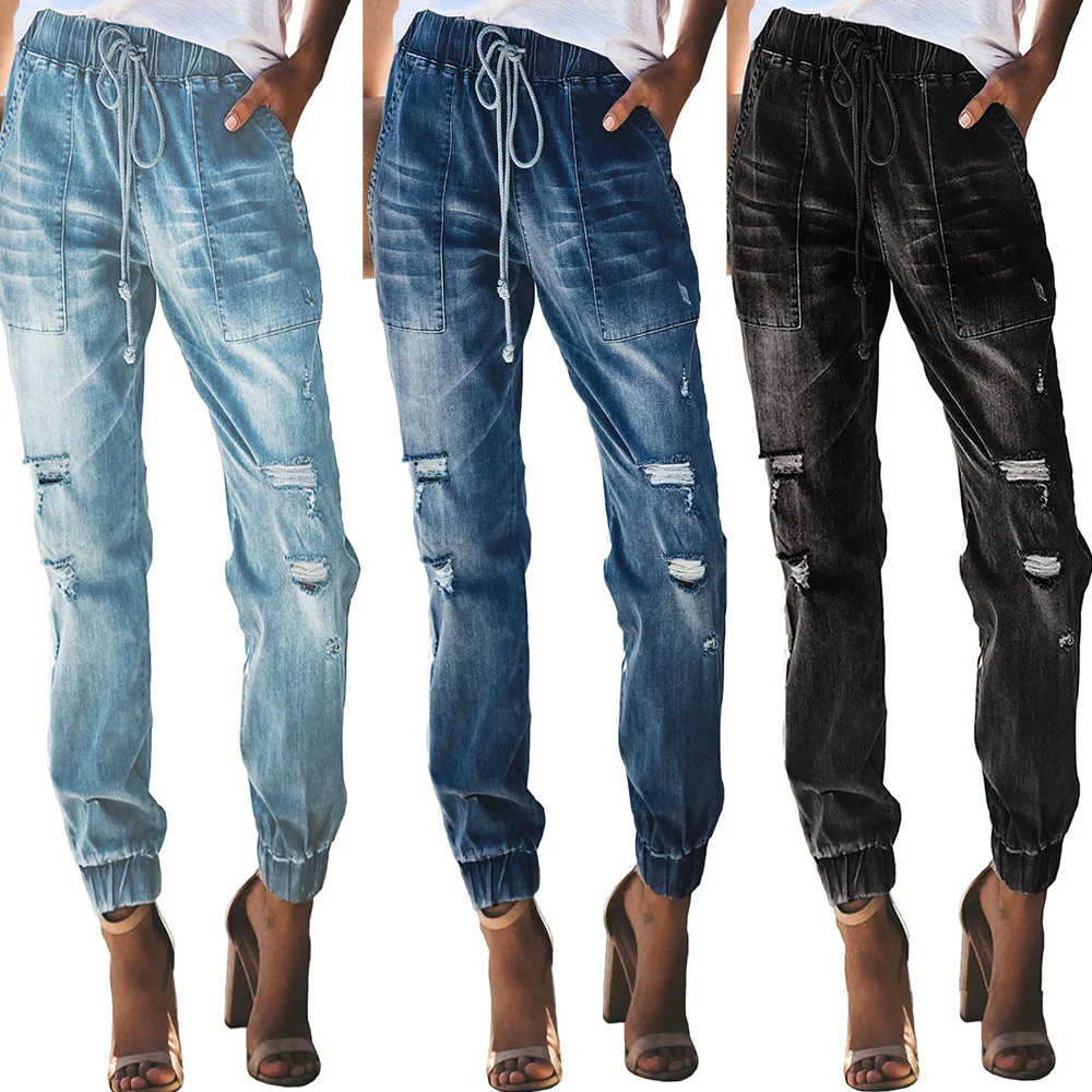

New 2021 Perforated Denim Drawstring Elastic Waist Washed Casual Pants Women's Fashion