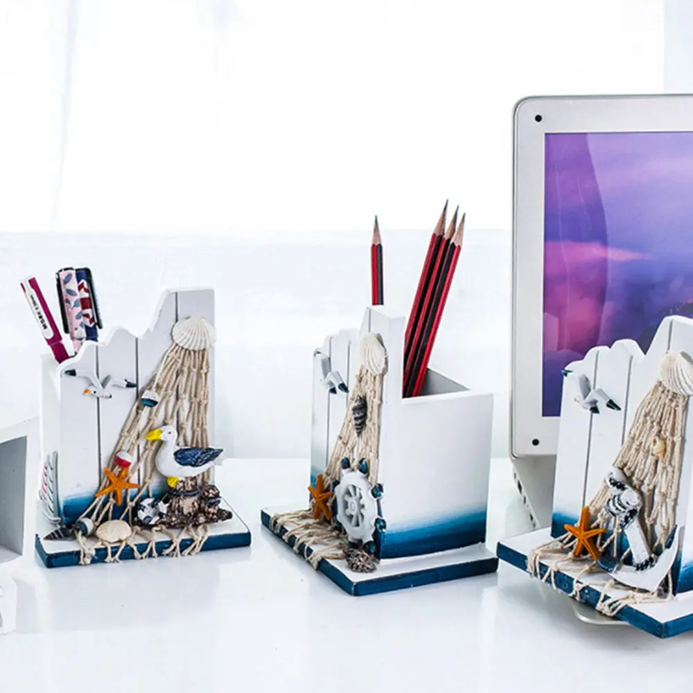 

2Pcs Mediterranean Style Pen Holder Wooden Storage Stand Desktop Pen Holder
