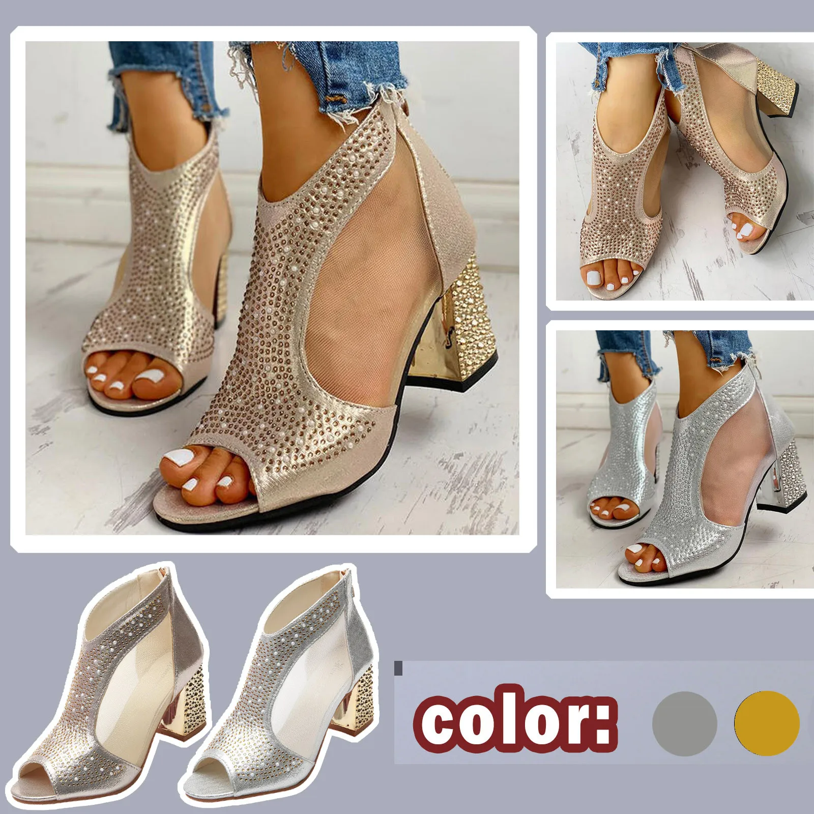

Summer Women's Oblique Heel Sandals High Heels Thick Heels Hollow Tulle Sequins Crystal Open-toe Sandals Women's Shoes