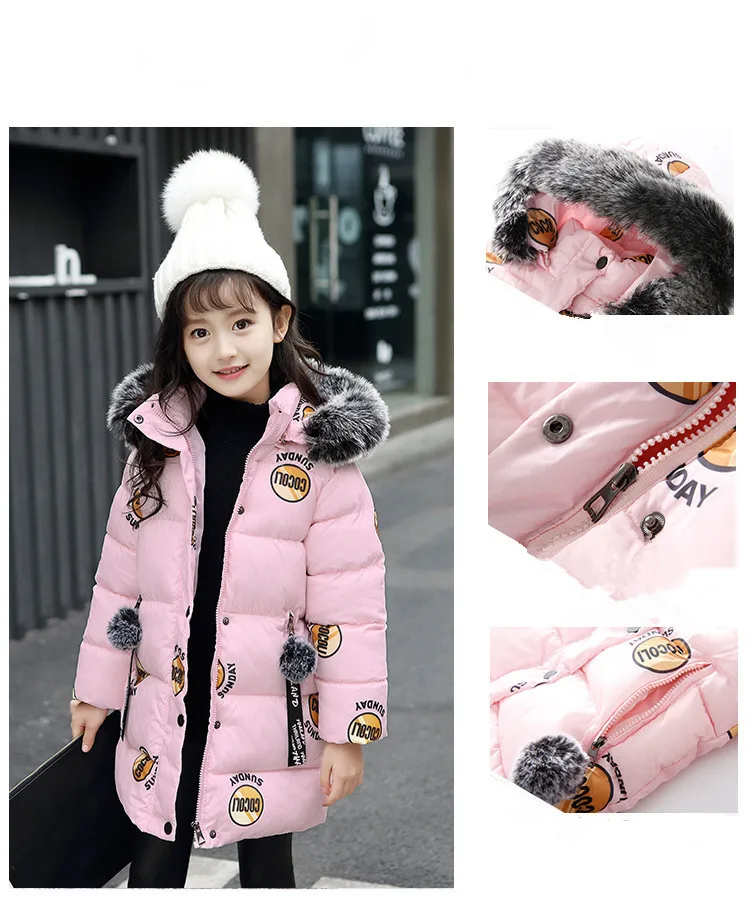 Baby winter new girl down jacket children letter printing thick warm cotton coat girl baby big fur collarcotton hoodedlong coat