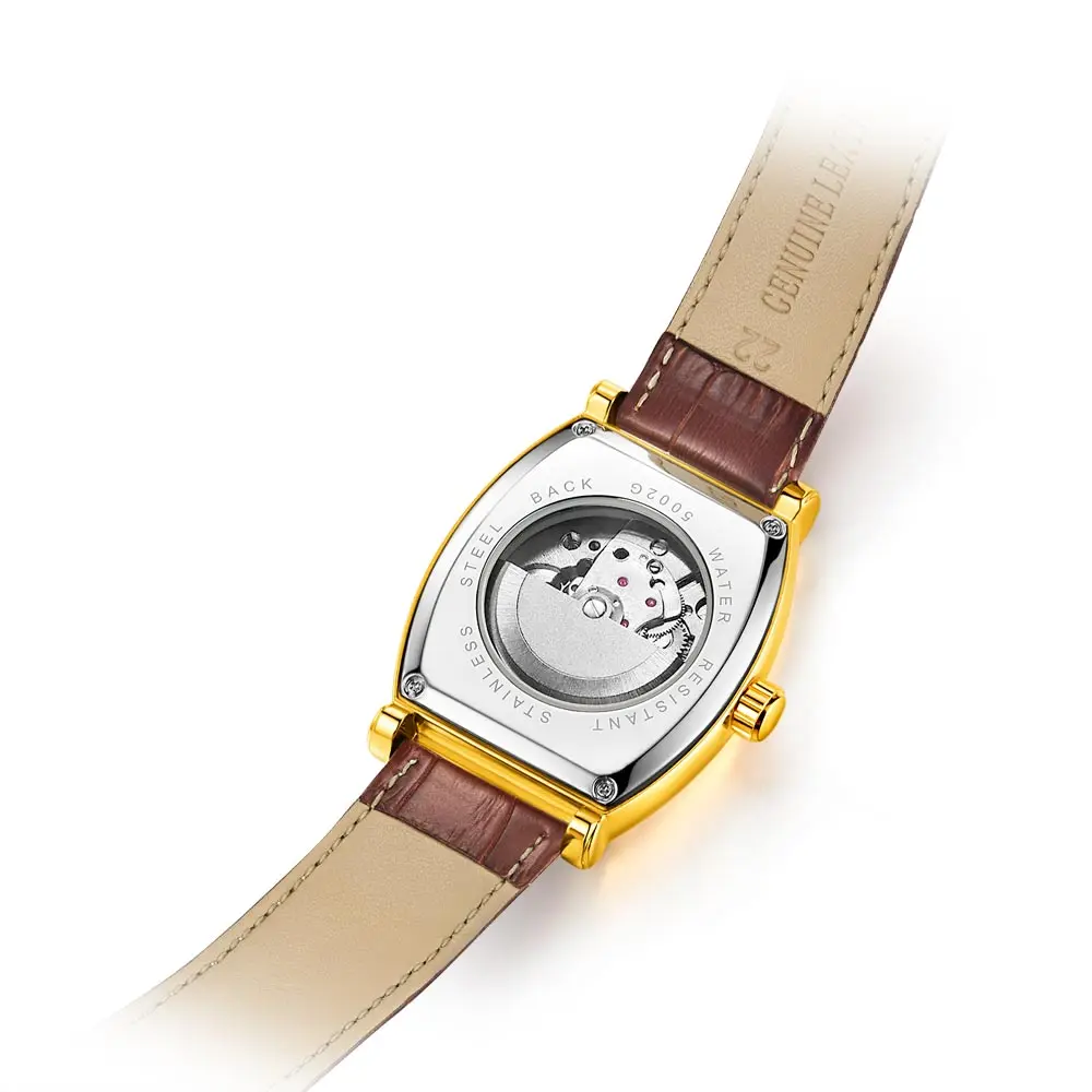 Мужские автоматические механические часы AOKULASIC Moonphase Gold Tonneau с ремешком из