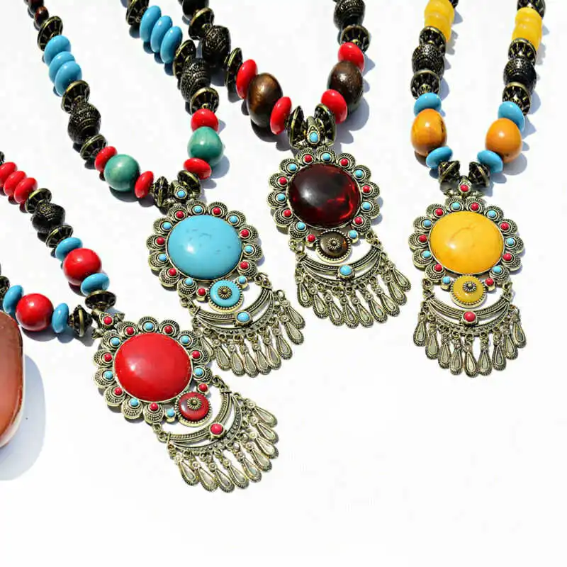 

Retro Long Ethnic Sweater Chain Necklace Wood Pendant Jewelry Dance Beaded