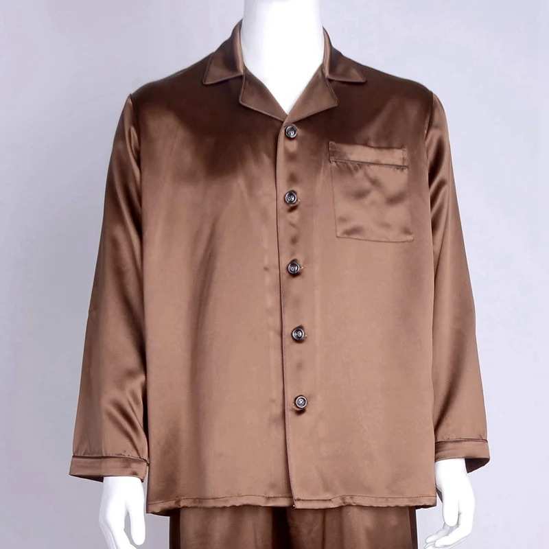 Brown Мужские 30 Momme Mulberry шелковые пижамы набор с длинными рукавами пижамы для мужчин s пижамы для мужчин Ночная рубашка и штаны для отдыха Пижамные брюки - Цвет: Brown