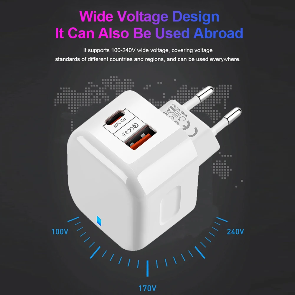 Сетевое зарядное устройство PD 20 Вт с 2 портами типа C быстрая зарядка QC3.0 USB-C мини