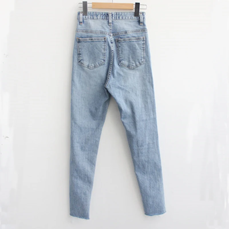 

Summer 2020 Women's Clothing High Waist Stretch Jeans Blue Denim Jeans Simple Ripped Holes Skinny Casual Female Trousers 10406
