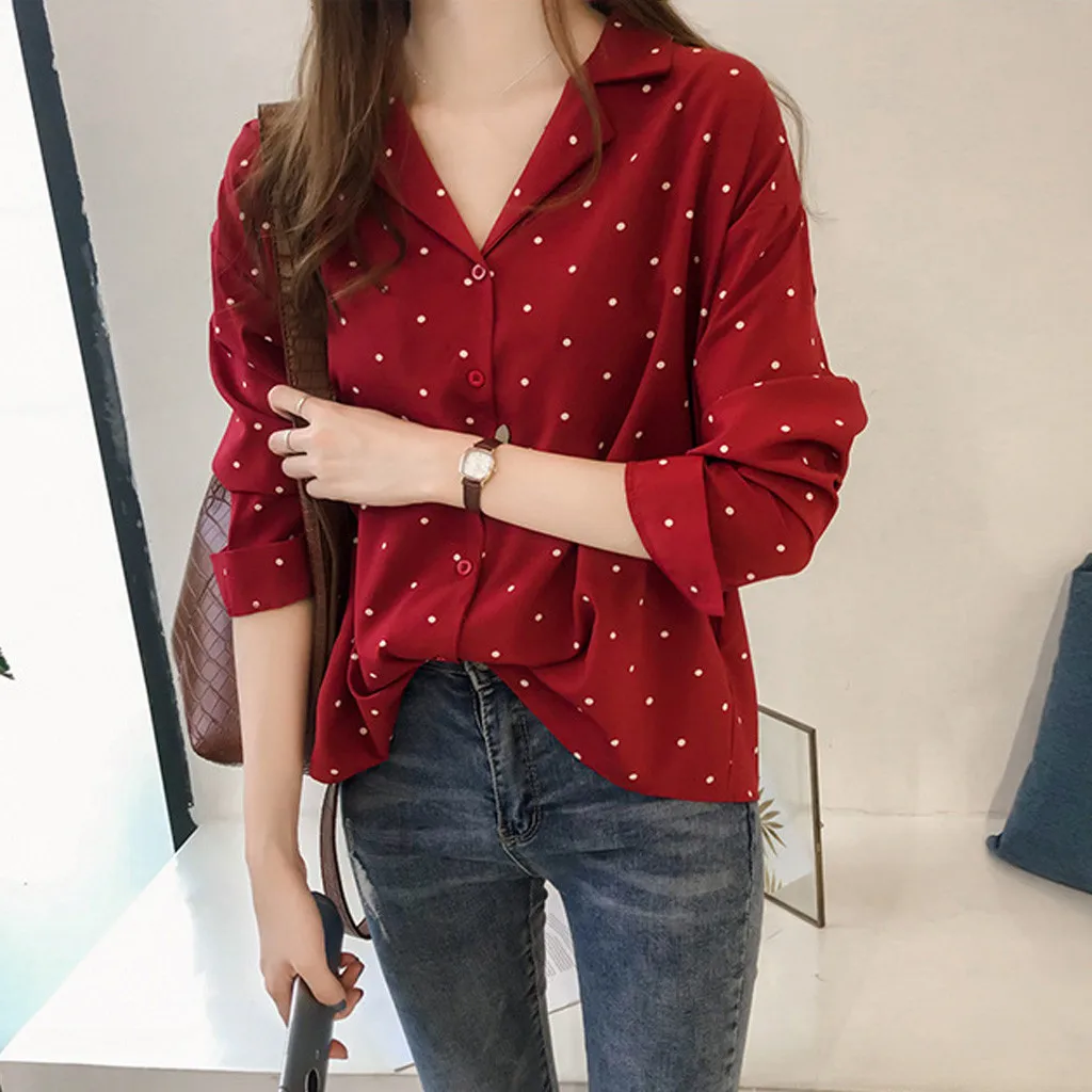 

Plus Size Women Office Shirts Casual Long Sleeve Polka Dot Turn-down Collar Casual Tops Button Shirts Blusas Mujer De Moda