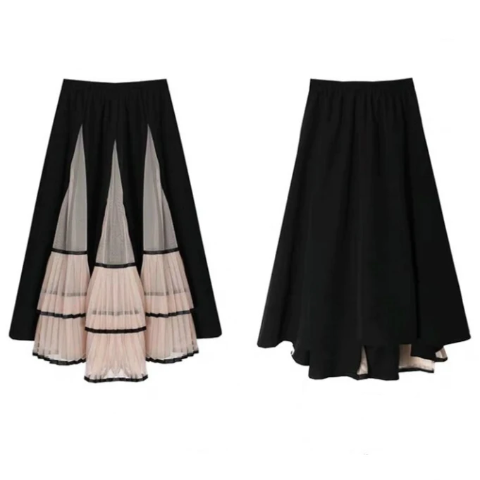 

UVRCOS Retro Style High Waisted Pleated Skirt Women Mesh Half Body A-lineLong Bubble Skirts Elegant Tide 2020 Spring Summer