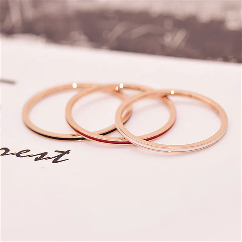 

YUN RUO 1 MM Black White Red Enamel Rings Rose Gold Color Woman Gift Fashion Titanium Steel Jewelry Never Fade Drop Shipping