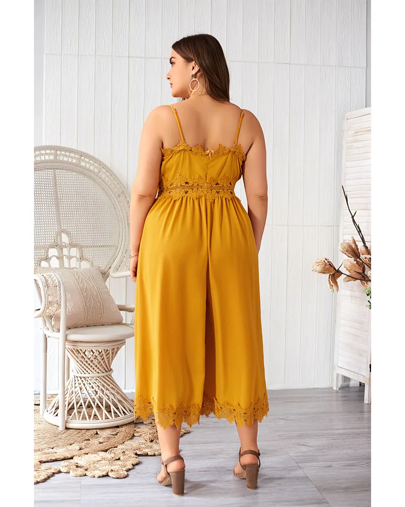 

Graceful Women Lace-up Patchwork Jumpsuits 2021 Summer Plus Size V-neck Spaghetti Strap Sleeveless High Waist Loose Rompers
