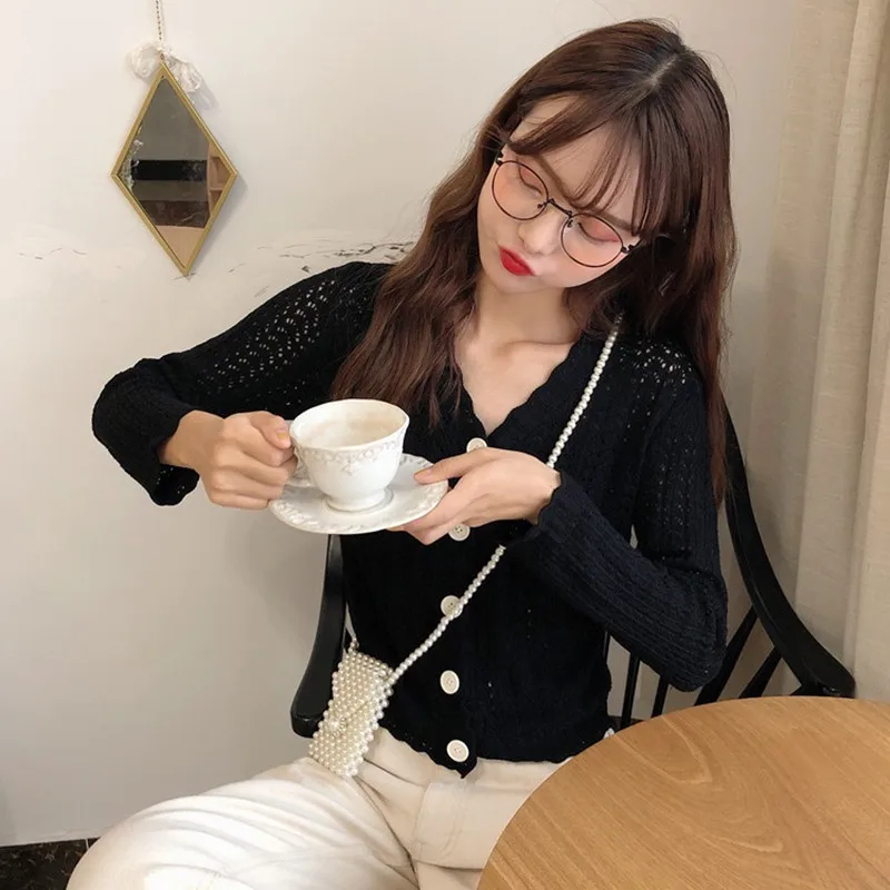 

Fashion Women V-neck Long Sleeved Sweater Solid Color Sweater Slim Button Hollow Out Knit Cardigan