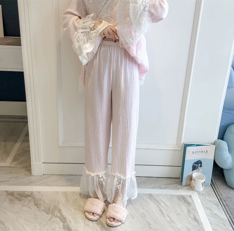 

Patchwork Lace Fashion Woman Cotton Blending Kimono Pajamas Loose Long Sleeve Trousers Set Sleepwear