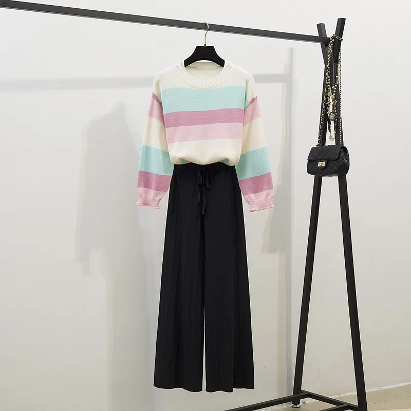 

autumn new sweater knit leisure wide-legged pants coat two pcs knitted suits women 2 pcs clothing set outfit knitwear casual