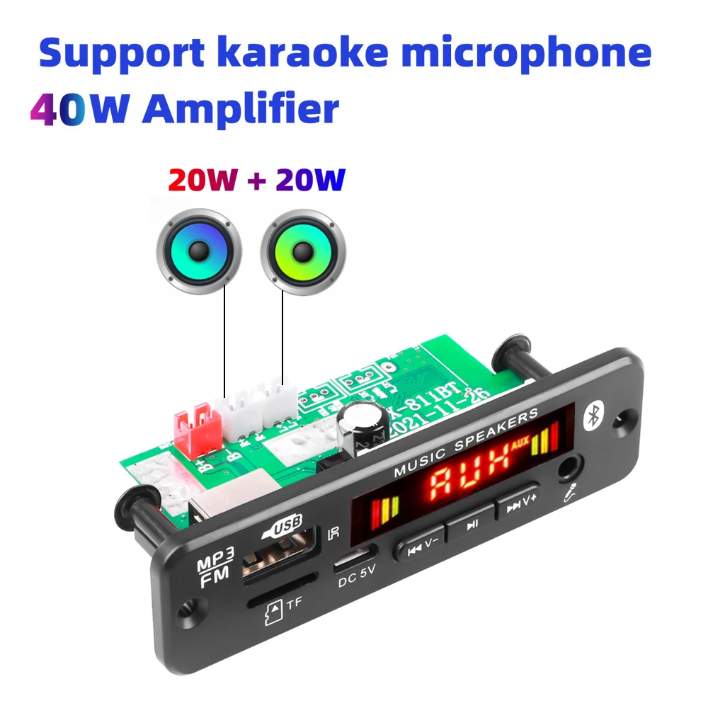 

2*20W Stereo Bluetooth 5.0 MP3 Player Decoder Board 12V 40W Amplifier Car FM Radio Module Handsfree TF USB AUX WMA Recorders