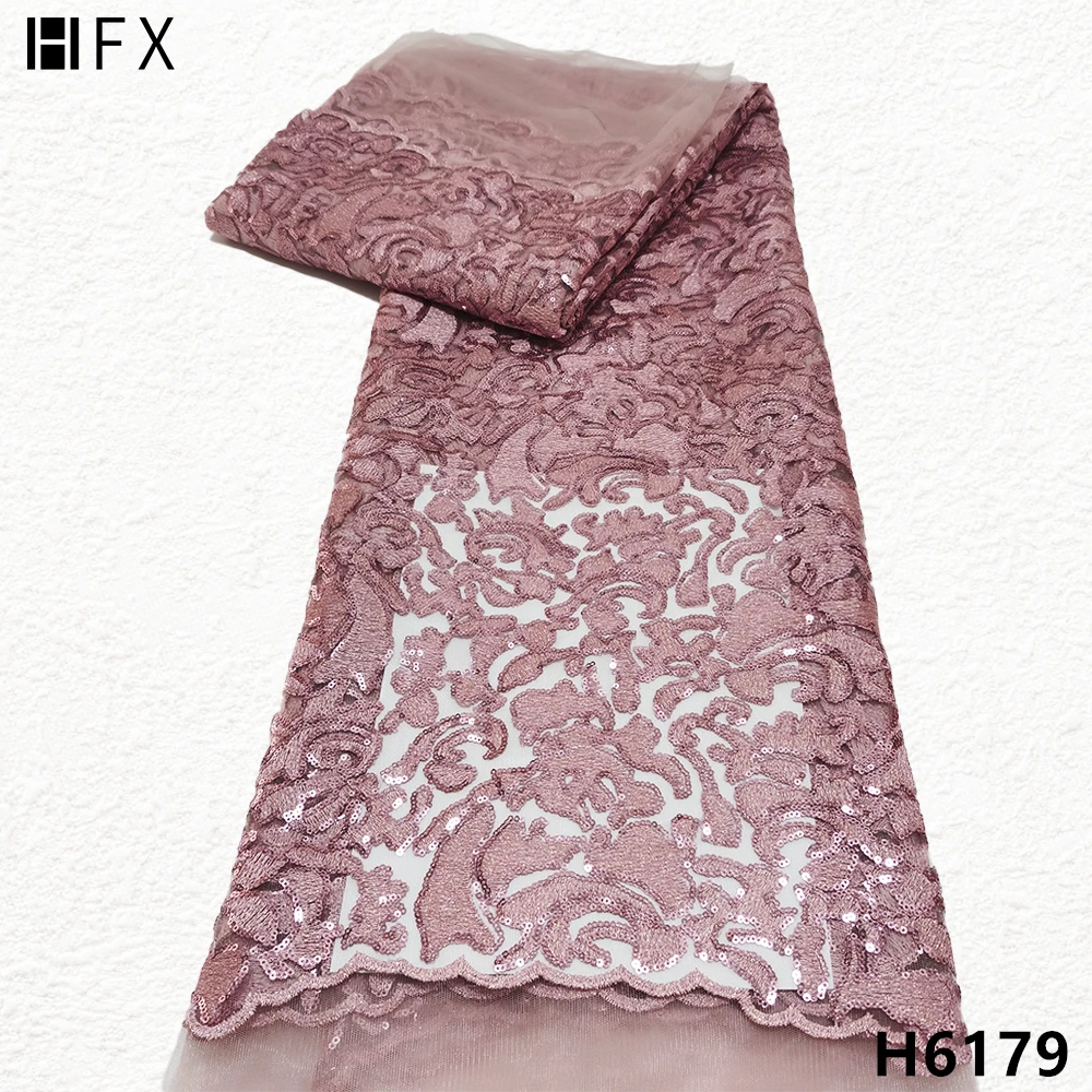 

HFX onion pink African Lace 2022 French Nigerian Lace Fabric Bridal High Quality Sequins Net Tulle Lace for Women Dress H6179