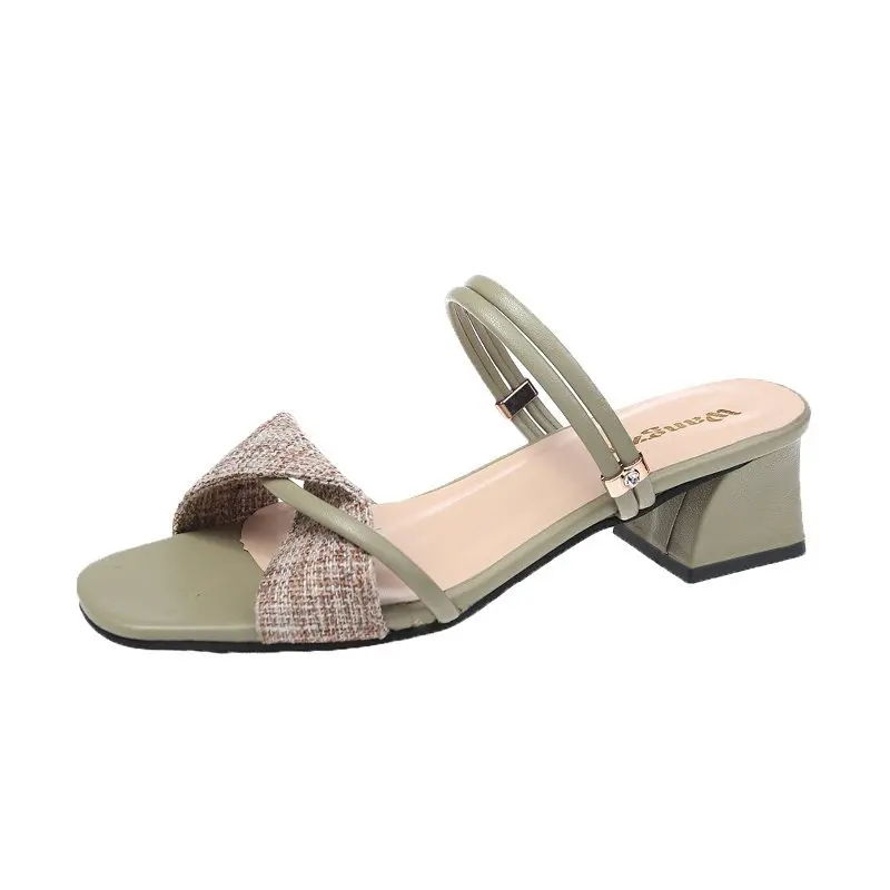 

Shoes Woman 2021 Med Slippers Casual Pantofle Heeled Mules Low Square heel Luxury New High Summer Soft Block Slides PU Leisure P