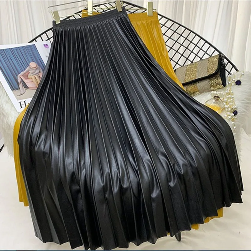 

2022 New Women Spring Autumn PU Leather Pleated Skirts Elastic High Waist Multicolors Fashion Skirt Female aq691
