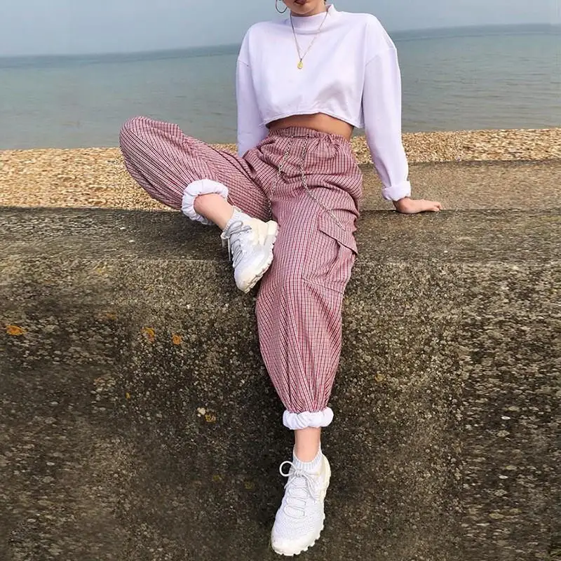 Nice Casual Striped Patchwork Cargo Pants Women High Waist Full Length Loose Bunch Legs Trousers | Женская одежда