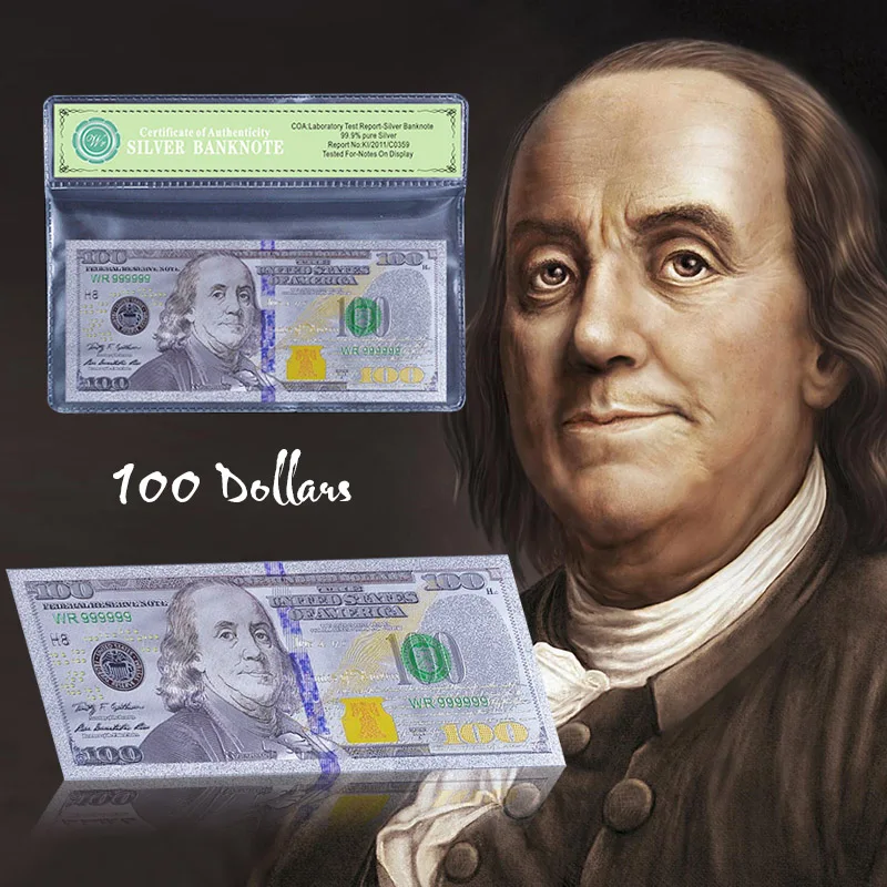 Colored Silver Plated America Banknote New 100 Dollar Bill Currency Fake Money for Collection Gift
