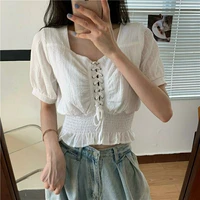 summer puff sleeve kawaii tops new sexy lace up shirts for women bandage waist slim croed tops sweet ladies blouses female