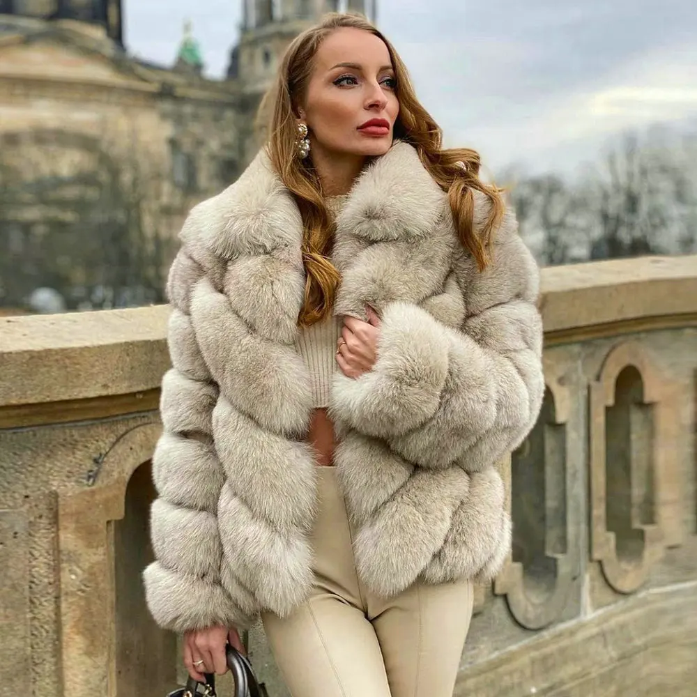 High Quality Women Real Fox Fur Jacket with Lapel Collar 2022 Winter New Trendy Genuine Fox Fur Coats Female Thick Fur Overcoats enlarge