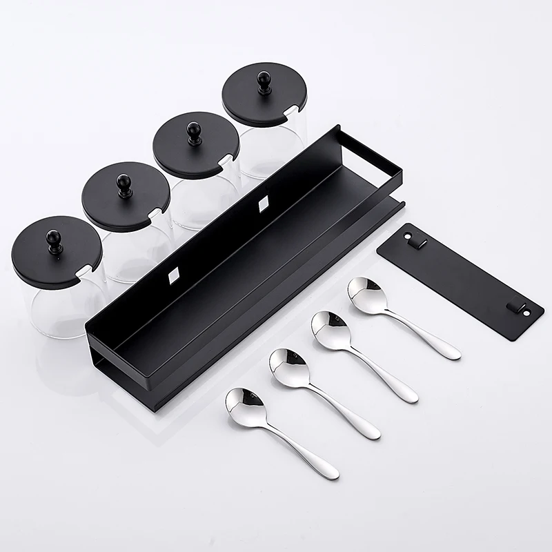 

1set Transparent Seasoning Kitchen Shelf Rack Pots Storage Container Cruet Seasoning Jars With Cover And Spoon Kitchen Utensil