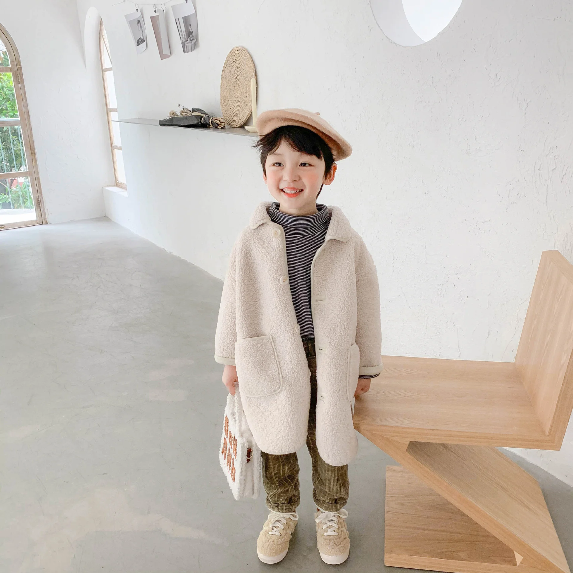 

Winter Fashion Boys Berber Fleece Long Style Jackets 2021 Girls Solid Color Loose Casual Coats