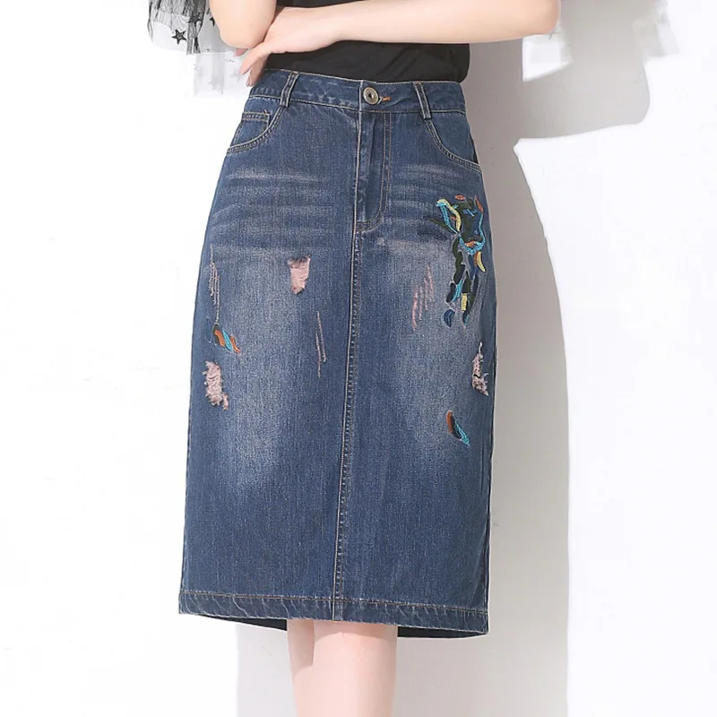 

2021 Summer New Arrival High Waist Slim Stretch Hole Denim Skirt All-match Casual Blue Women A-line Long Skirt Free Shipping