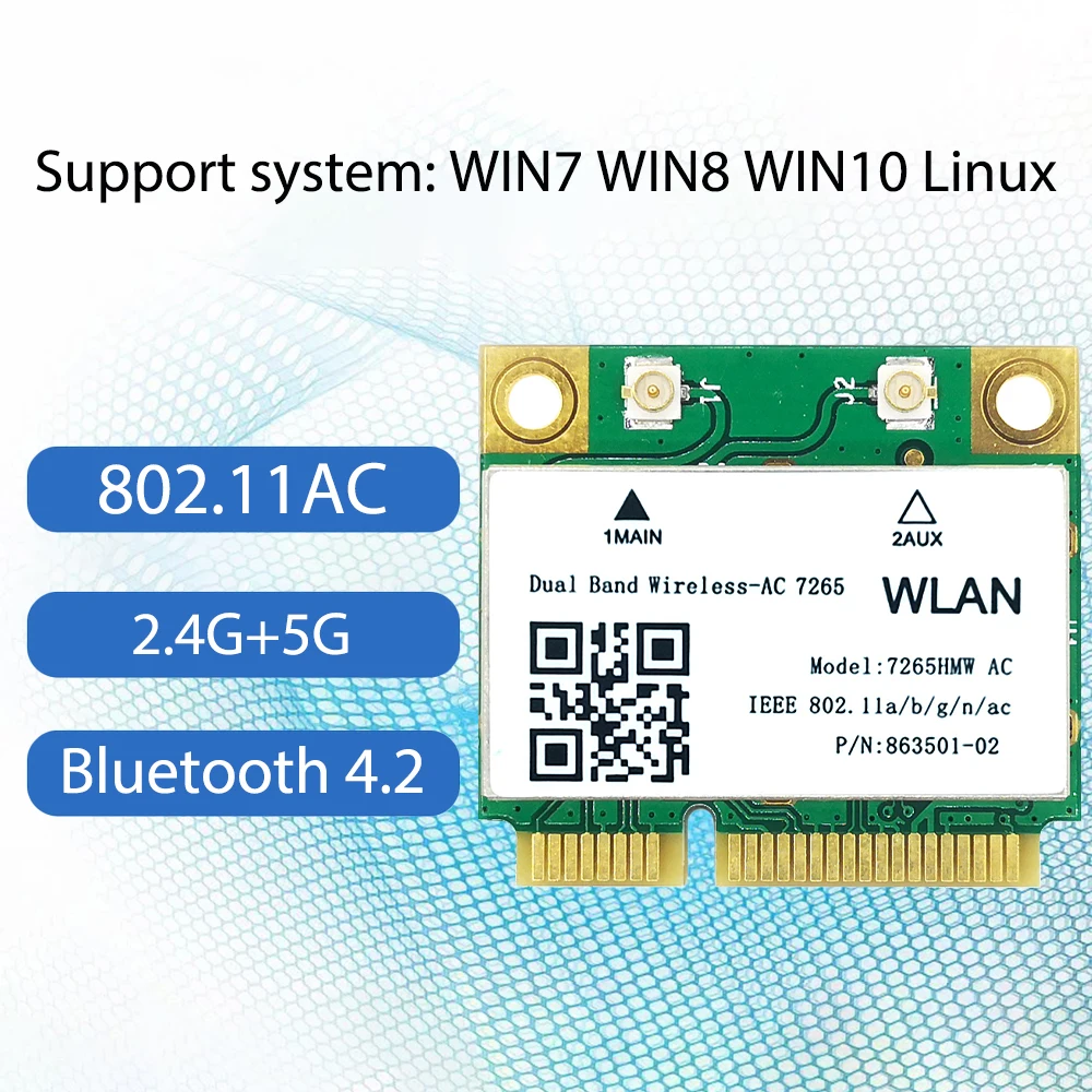 

Wireless Bluetooth 4.2 Network Card Dual-Band 5G/2.4G 7265/8260/8265 HMW 802.11 AC Network Card for PC with Mini PCIe