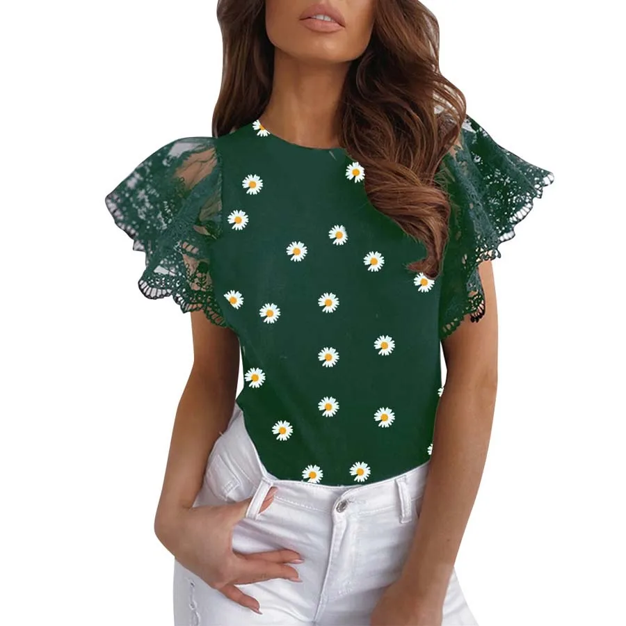 

DIOROBBEN 2020 fashion summer shirts little daisy print short sleeve sexy women tops lace blouse Elegant plus size women shirt