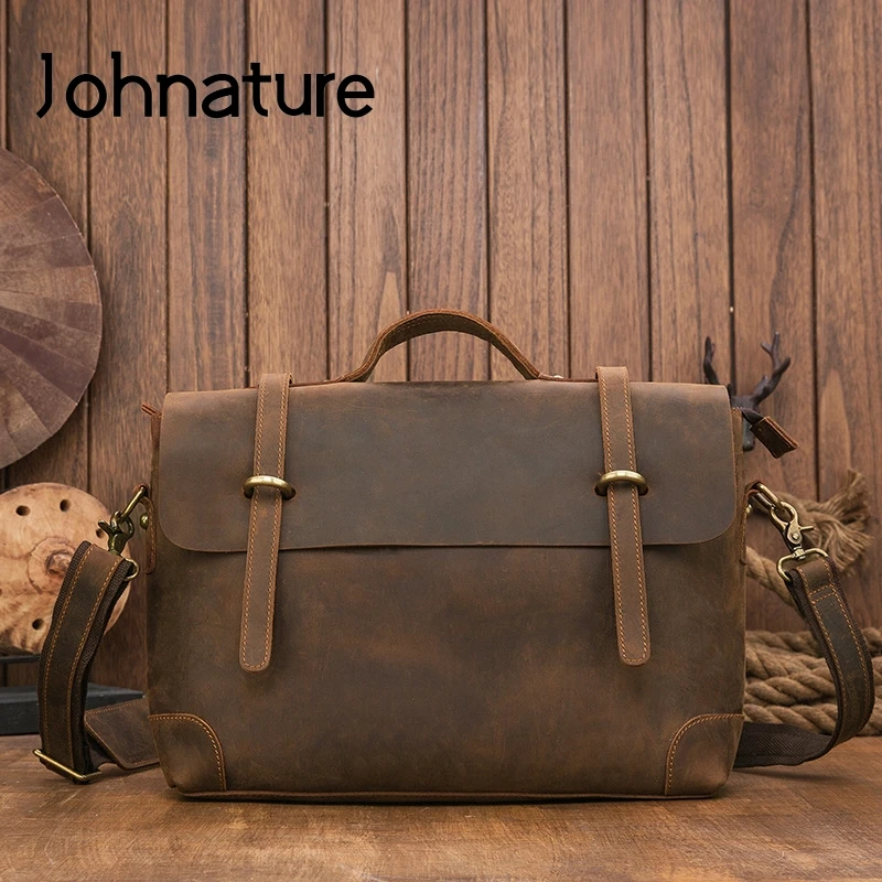 Johnature Handmade First Layer Cow Leather Vintage Handbag 2022 New Crazy Horse Men Laptop Bag Business Shoulder Messenger Bag