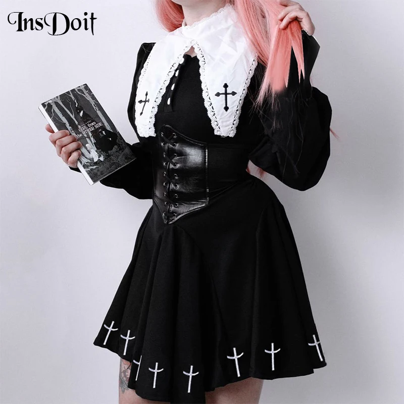 

InsDoit Gothic Vintage Black Dress Women Harajuku Cross Print Preppy Style Aesthetic High Waist Dress Punk Elegant A Line Dress