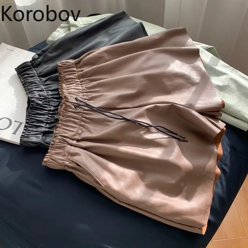 Korobov Весенние новые женские шорты из искусственной кожи уличные эластичные с