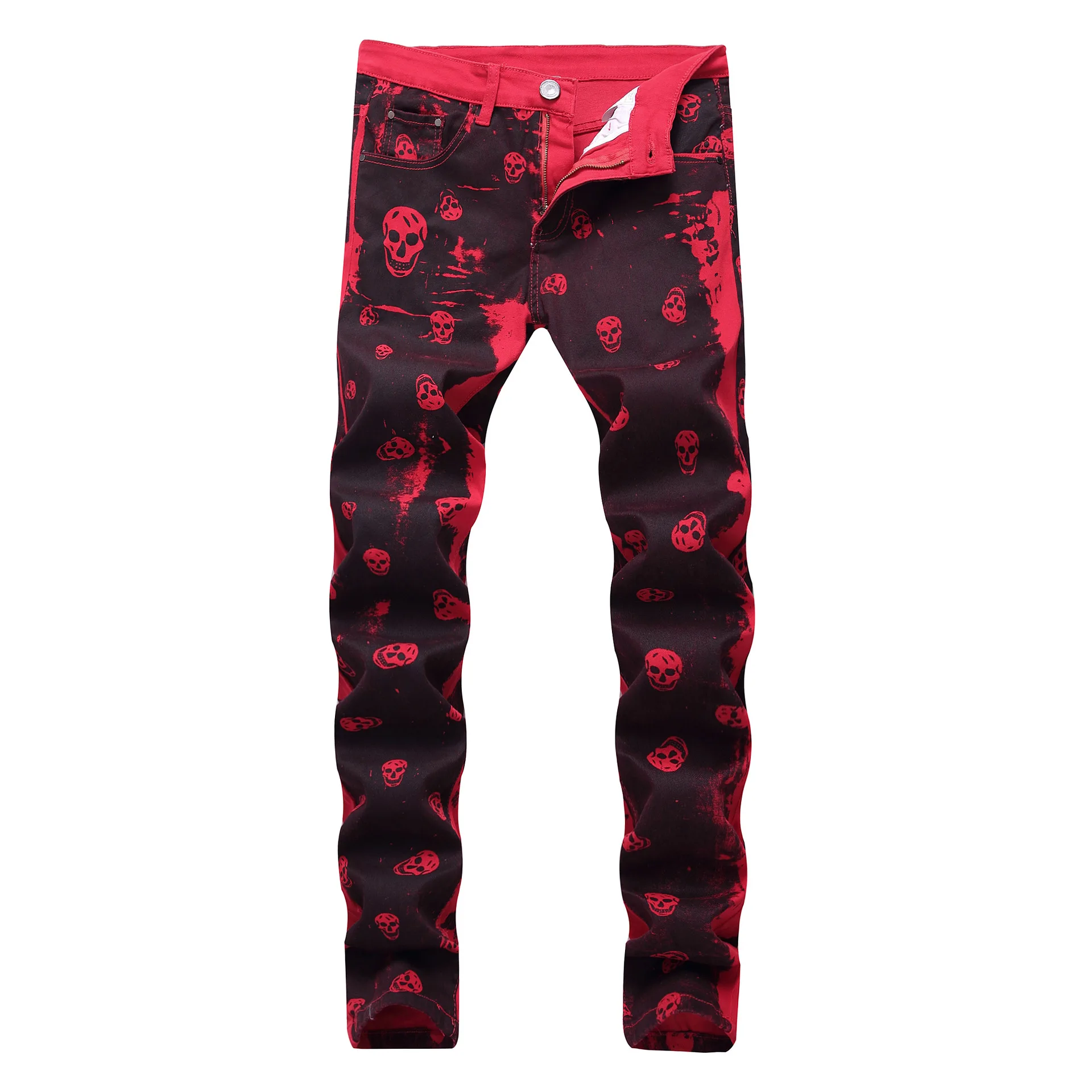 DIMI Male Slim Fit Red Denim Pants Long Trousers Autumn Mens Fashion Skeleton Skull Printed Night Club Personality Jeans