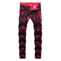 dimi male slim fit red denim pants long trousers autumn mens fashion skeleton skull printed night club personality jeans