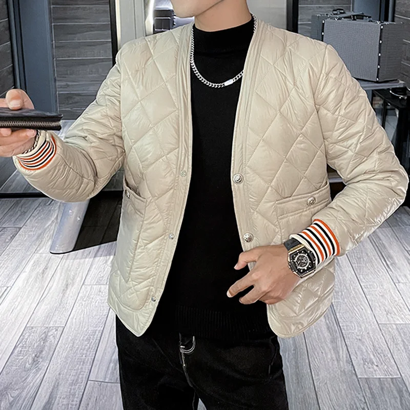 Winter Warm Collarless Thickened Parkas for Men's Korean Short Slim Jackets Casual Streetwear Social Coat Overcoat Male Clothing