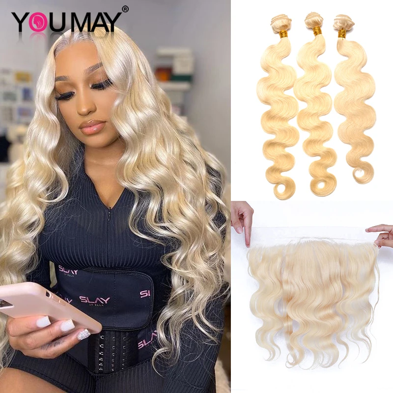 

613 Blonde Bundles With Frontal Peruvian Body Wave 3 Bundles Blonde Human Hair Lace Frontal Closure With Bundle You May Virgin