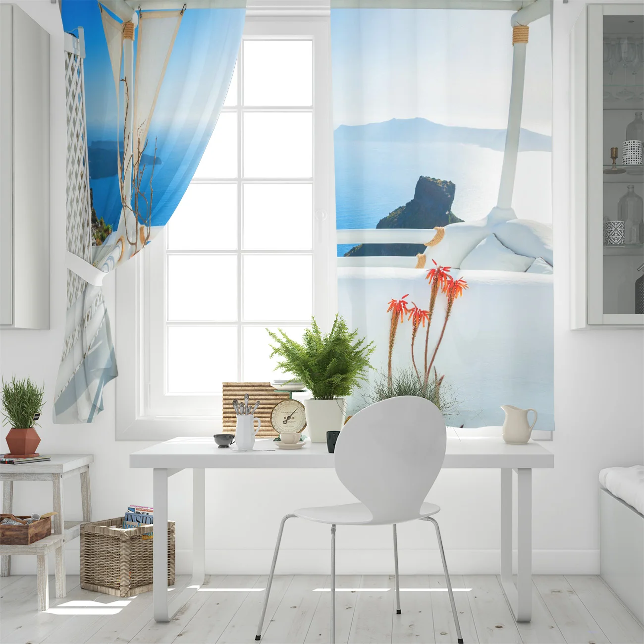 Море балкон греческий синий пляж окна шторы живописные для гостиной