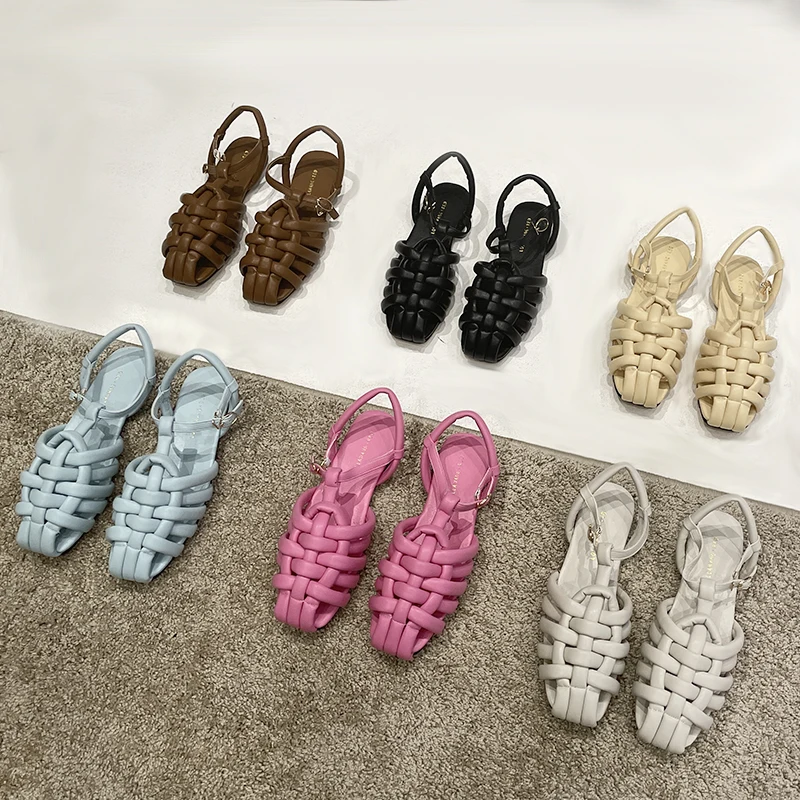 

2021 New Narrow Band Weaving Gladiator Sandals Women Vintage Square Toe Brand Design Summer Sandals Women Elegant Flat Sandals