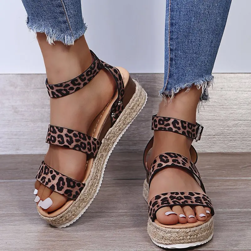 

2021 Retro Women Sandals Leopard Hemp Flat Platform Ladies Wedge Women's Shoes Woman Casual Buckle Strap Female Summer Shoes New