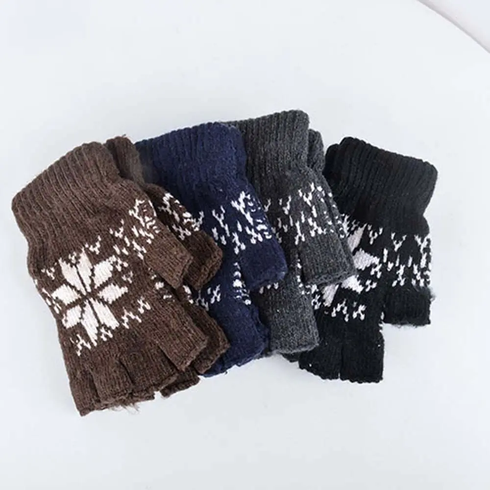 

Перчатки мужские без пальцев, теплые трикотажные митенки, с узором снежинок, для улицы, зимние, черные, кофейные, серые