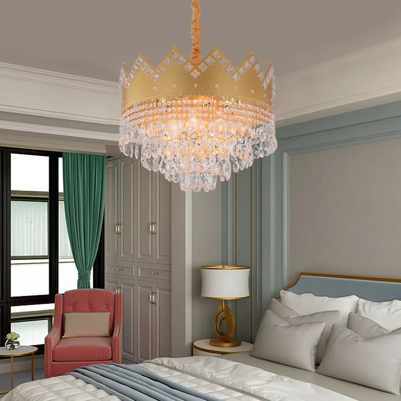 French Pastoral Creative Golden Crystal Living Room Chandelier Dining Bedroom Entrance Round Crown Lamps | Лампы и освещение