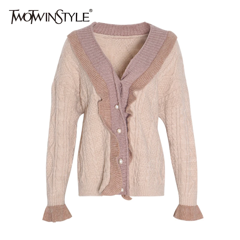 TWOTWINSTYLE женский свитер в стиле пэчворк с оборками v-образным вырезом и